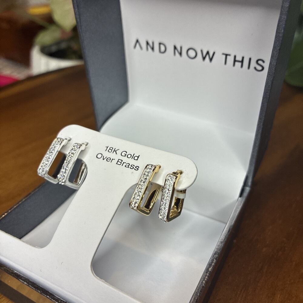 And Now This 2prs 18k gold over brass Crystal Hoop Earrings Christmas Gift Box - Picture 2 of 3